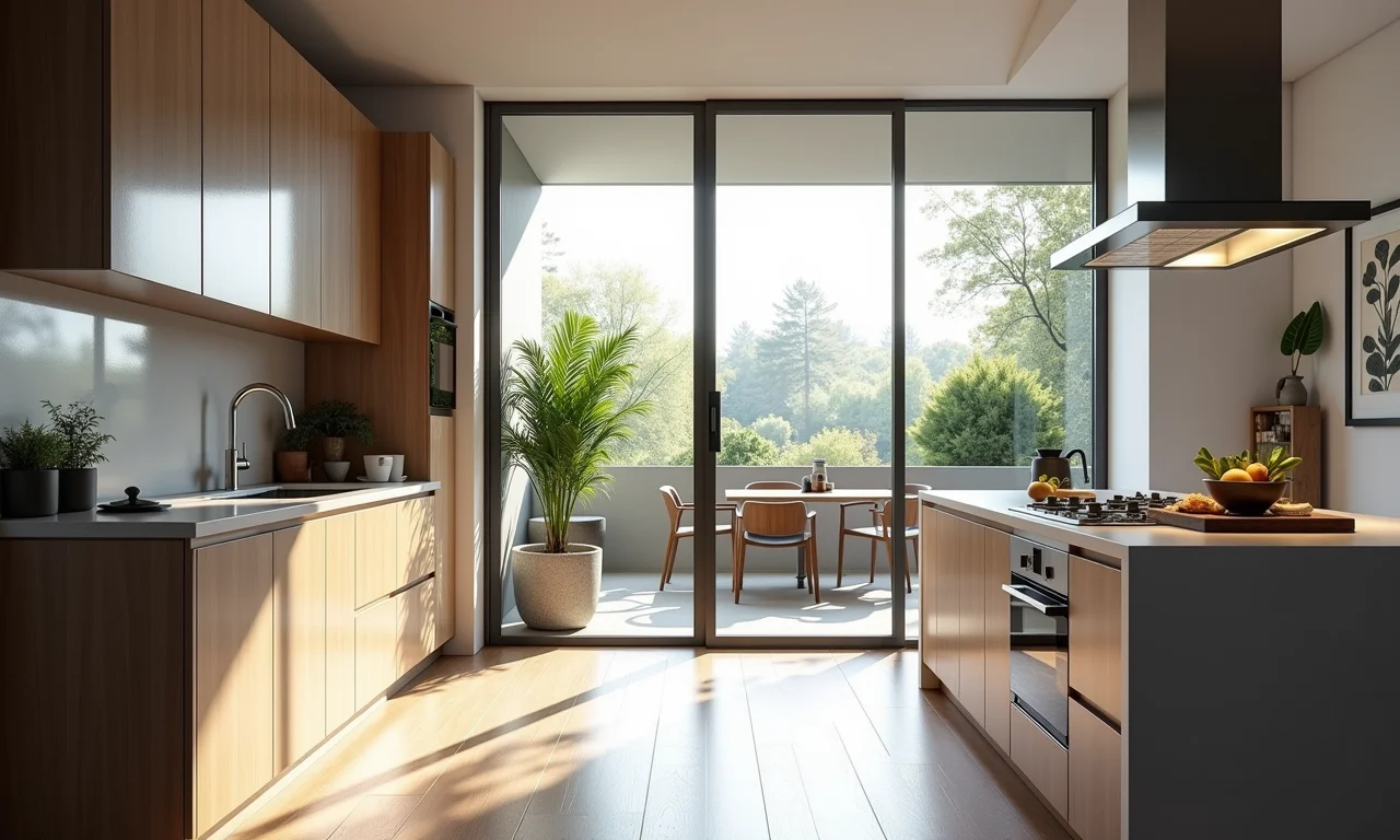 Cozinha contemporânea com porta de correr de vidro.