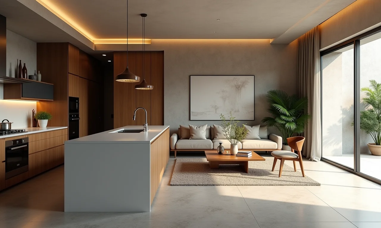 Cozinha e sala integradas por porta de correr embutida, criando espaço multifuncional.