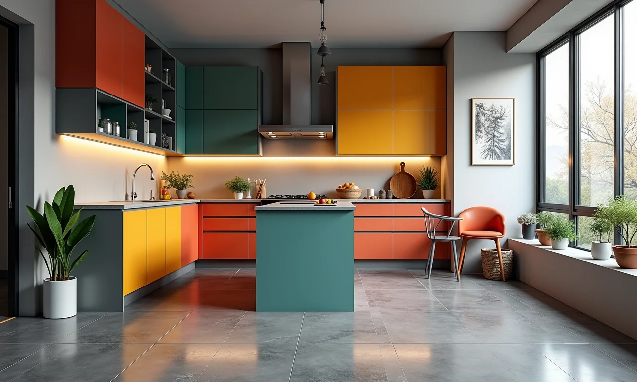 Cozinha eclética com porcelanato cinza e armários coloridos, criando um ambiente moderno.