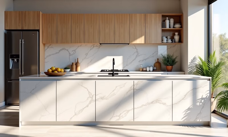 Cozinha elegante com revestimento marmorizado branco, armários de madeira clara e decoração brasileira vibrante.