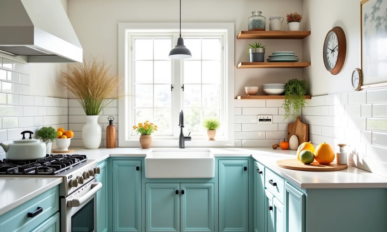 Cozinha em estilo farmhouse moderno com toques de candy colors.