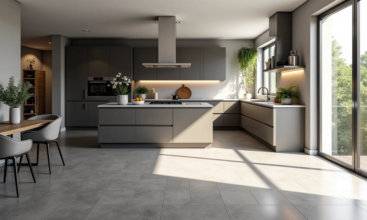 Cozinha espaçosa com porcelanato cinza da Telhanorte, conceito aberto e iluminação natural.