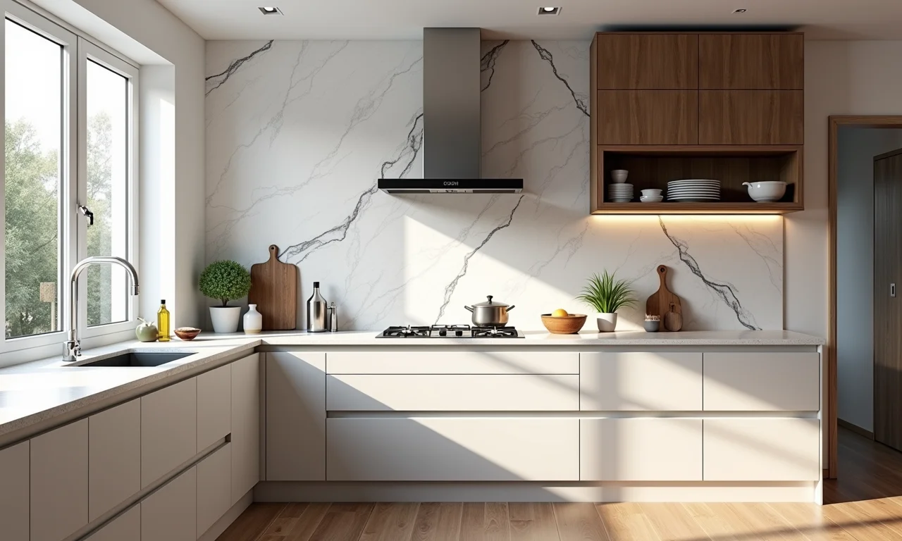 Cozinha estilosa com papel de parede marmorizado em destaque.