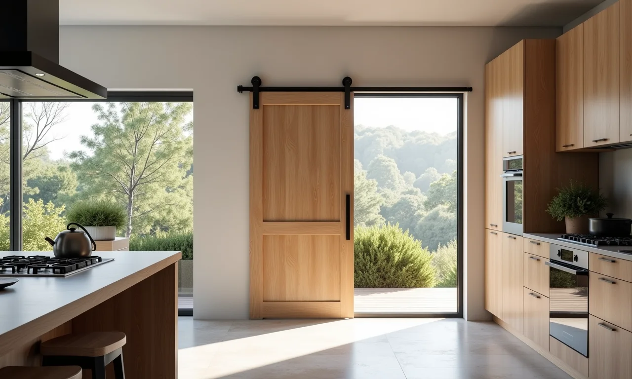 Cozinha funcional com porta de correr ergonômica.