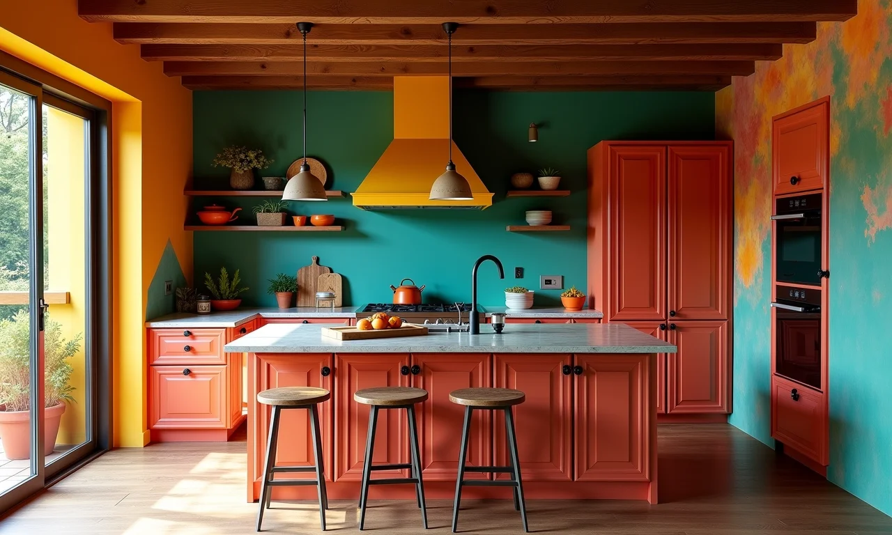 Cozinha gourmet aconchegante com cores vibrantes e texturas.