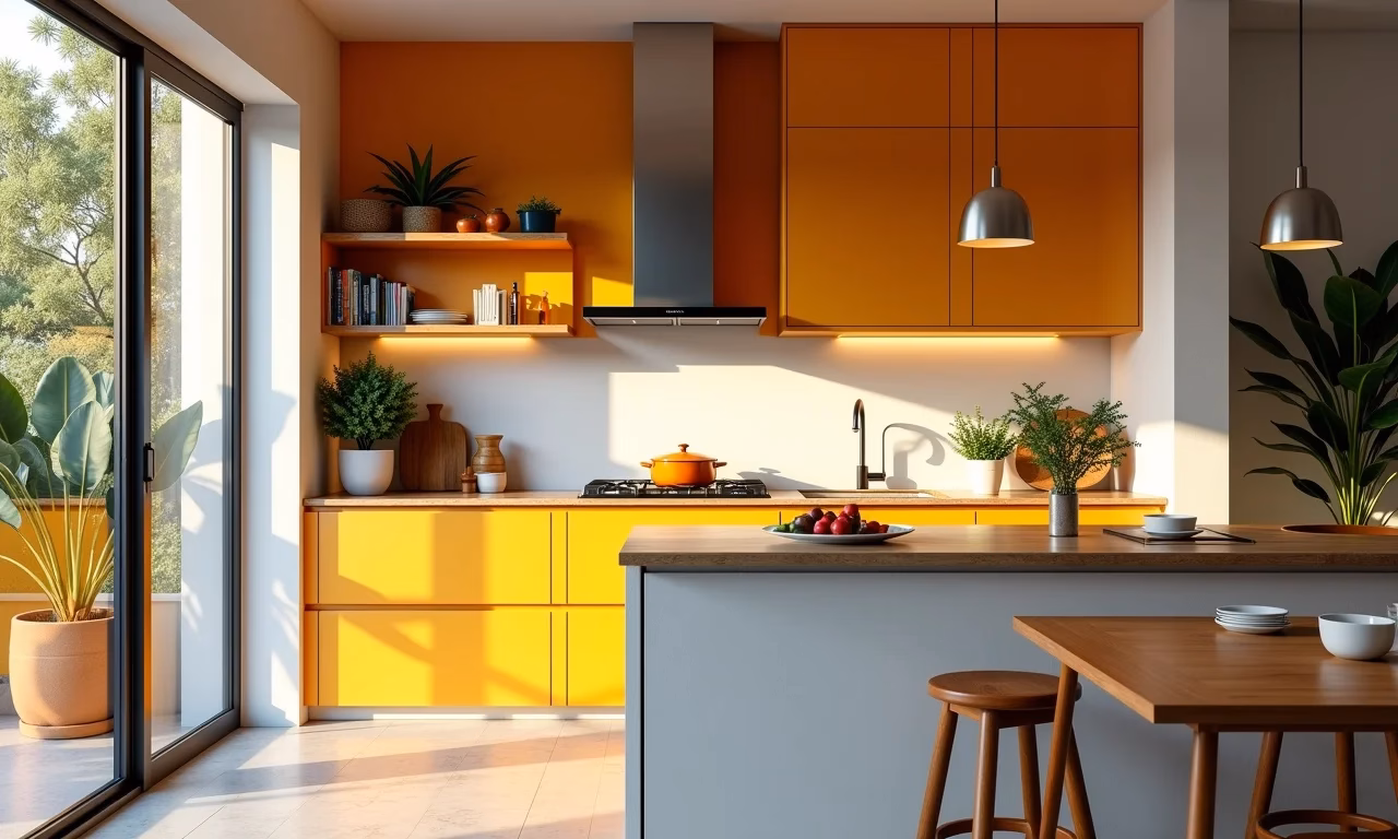 Cozinha gourmet moderna e iluminada com toques brasileiros vibrantes.