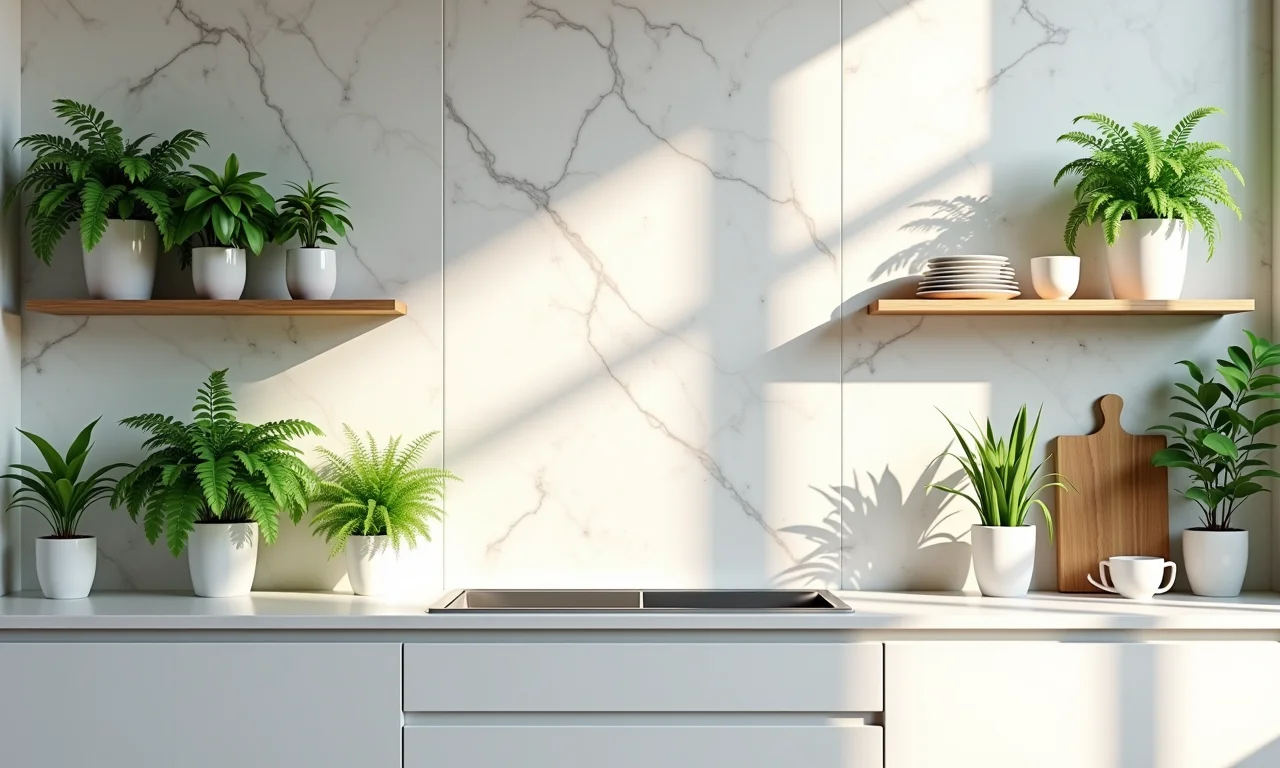 Cozinha iluminada com backsplash marmorizado e plantas verdes vibrantes.