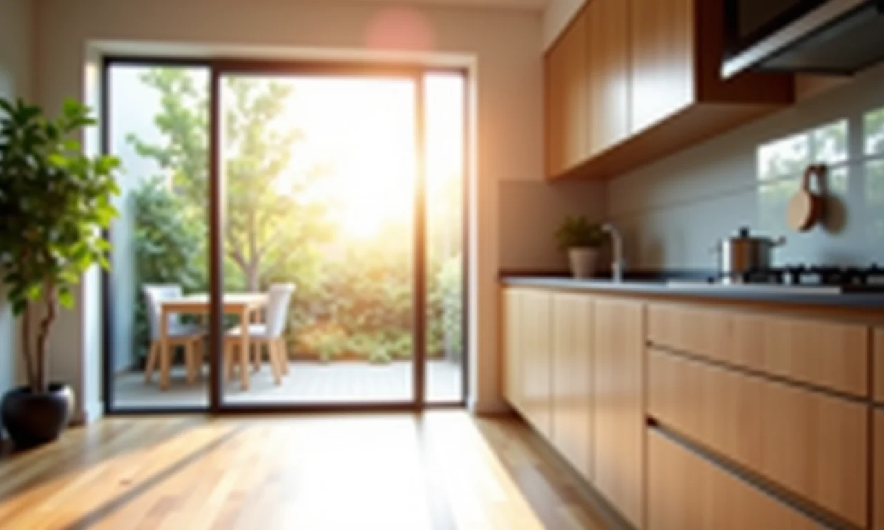 Cozinha iluminada com porta de correr de vidro.