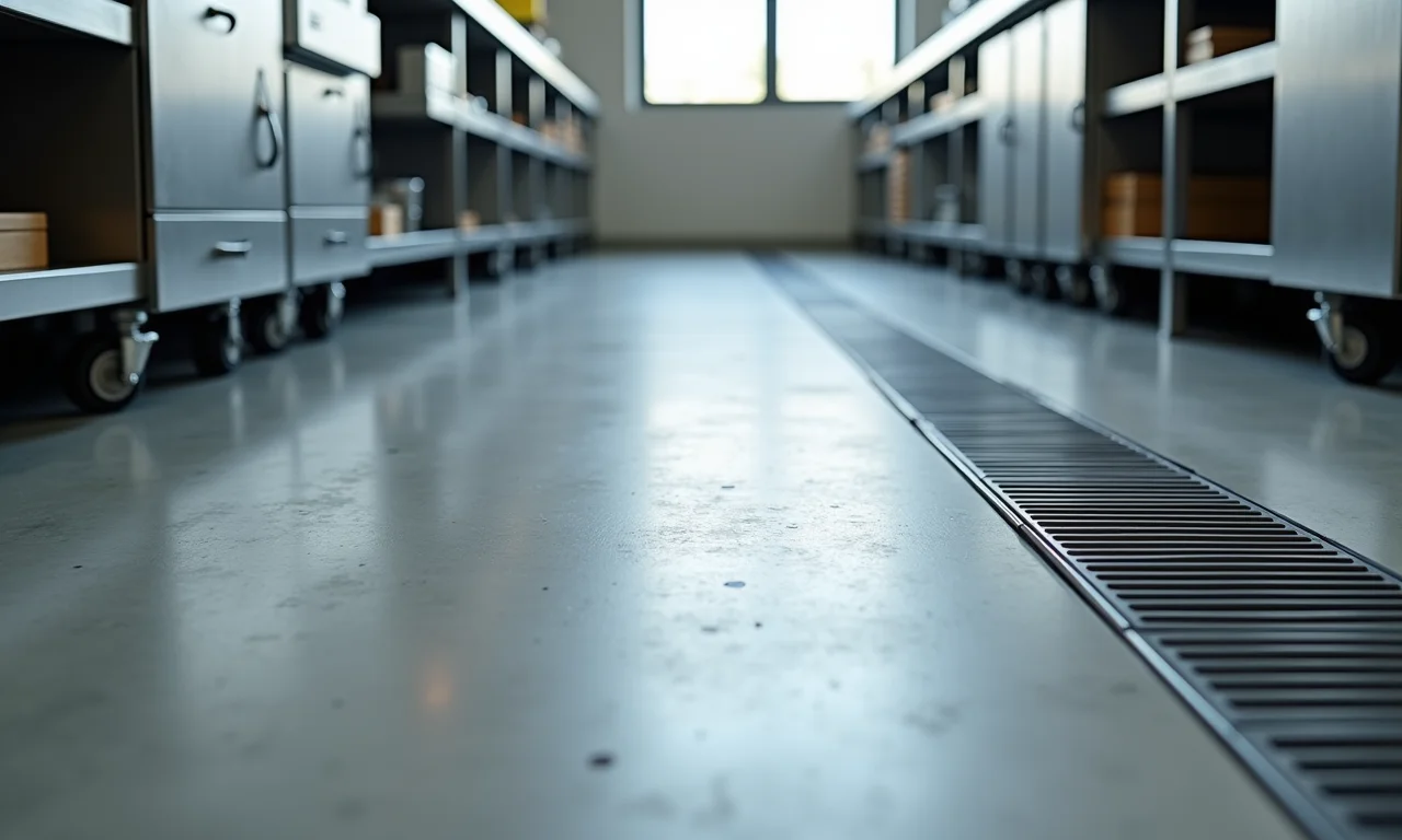 Cozinha industrial com piso de concreto e sistema de drenagem eficiente.