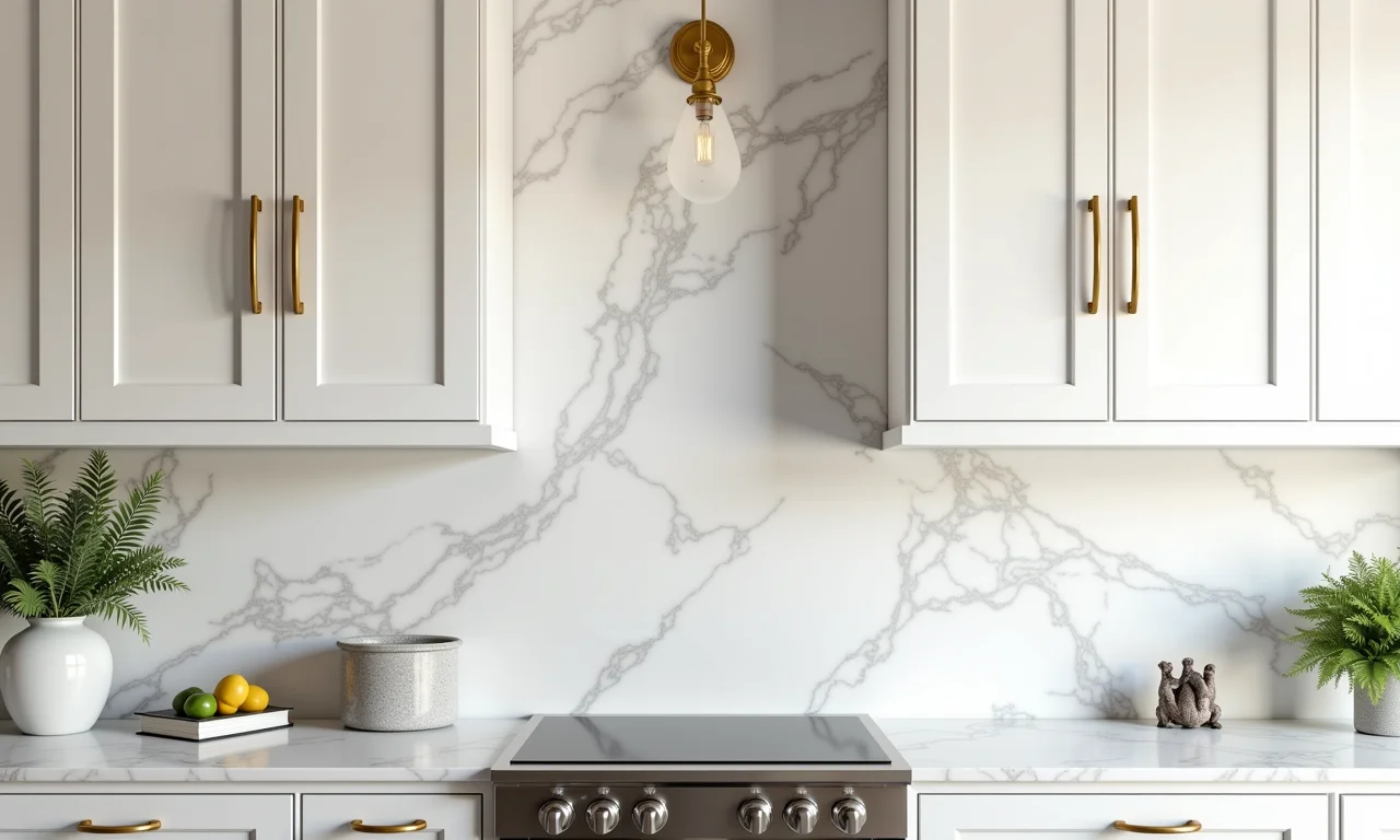 Cozinha marmorizada com detalhes em dourado nos armários e luminárias.