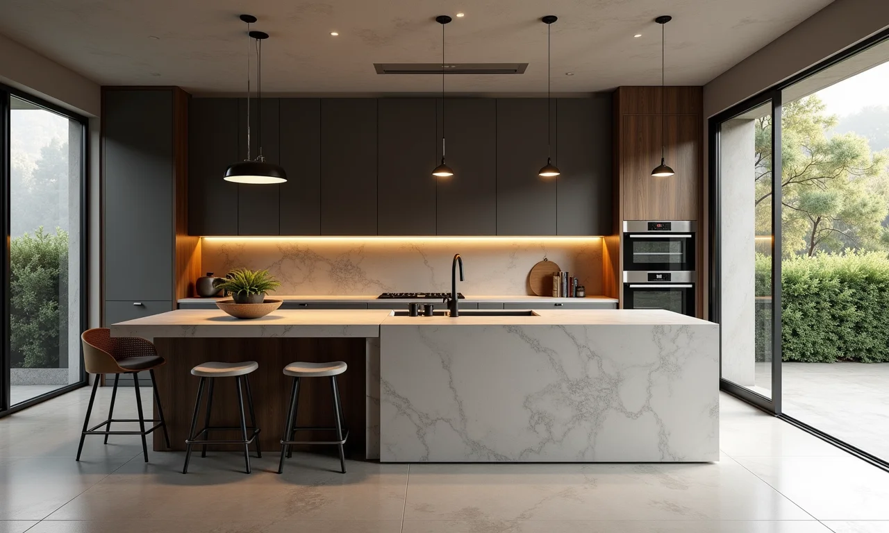 Cozinha moderna com bancada de cimento queimado integrada.