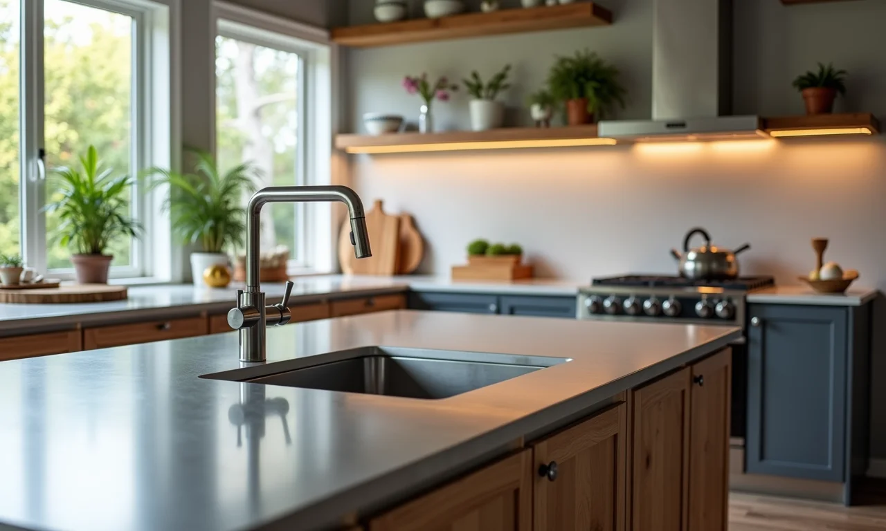 Cozinha moderna com bancada de inox, estilo Farm Rio.