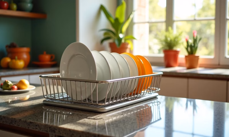 Cozinha moderna com escorredor de louça em bancada de granito.