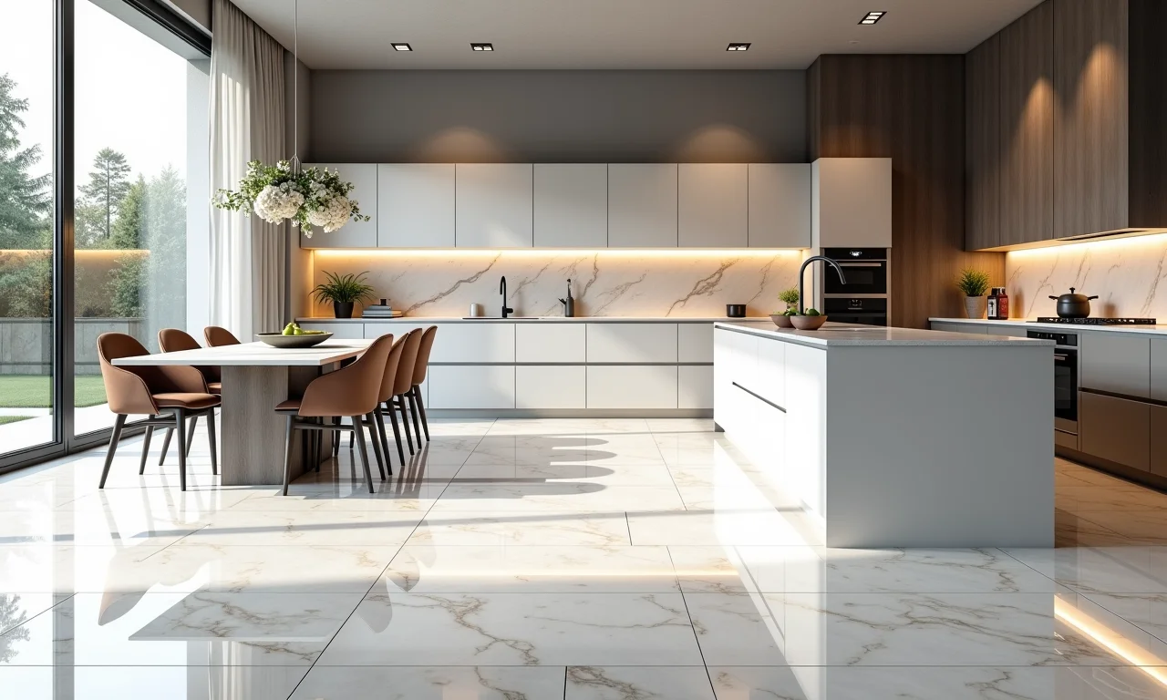 Cozinha moderna com grandes porcelanatos marmorizados.