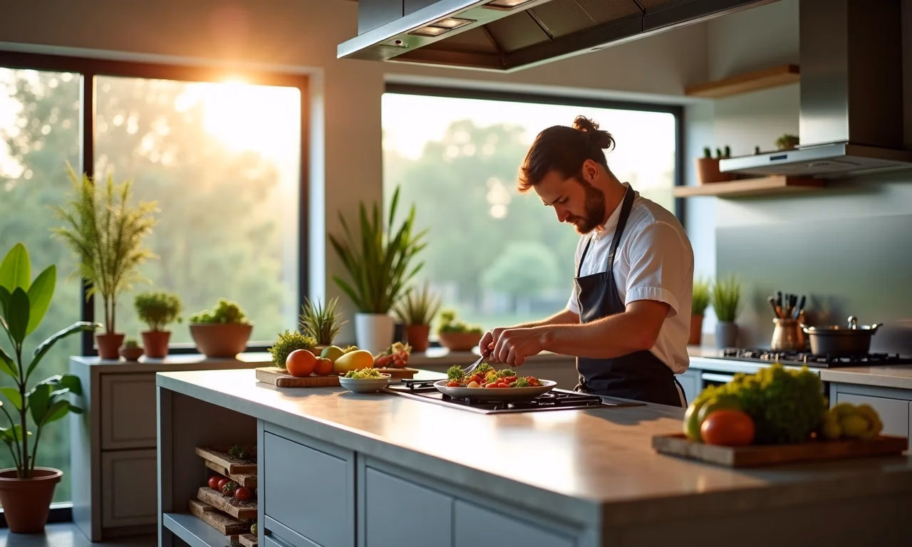 Cozinha moderna com ilha de inox, decoração Farm Rio, chef preparando refeição.