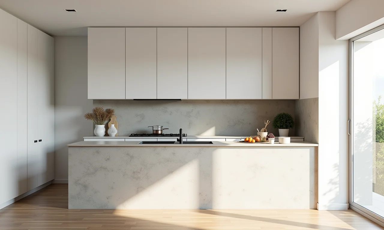 Cozinha moderna com meia parede em cimento queimado e a outra metade branca.