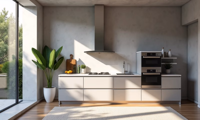 Cozinha moderna com parede de cimento queimado cinza e decoração brasileira.