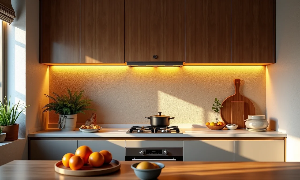 Cozinha moderna com parede de cimento queimado e iluminação estratégica.