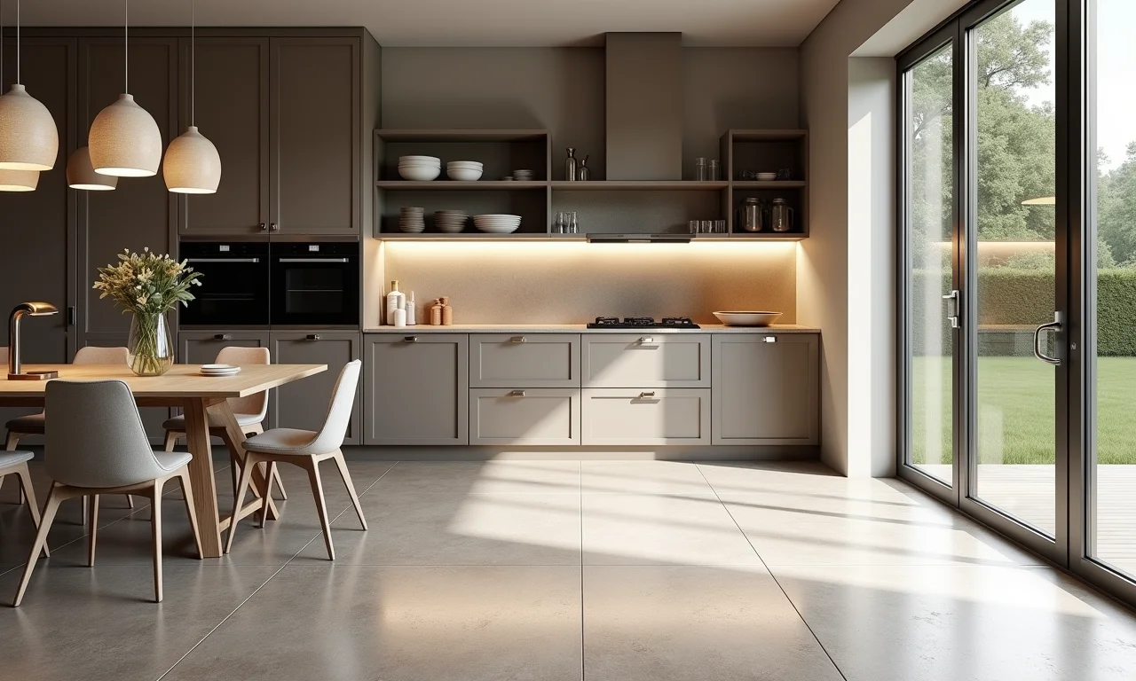 Cozinha moderna com piso de Granilite, perfeita para áreas internas.