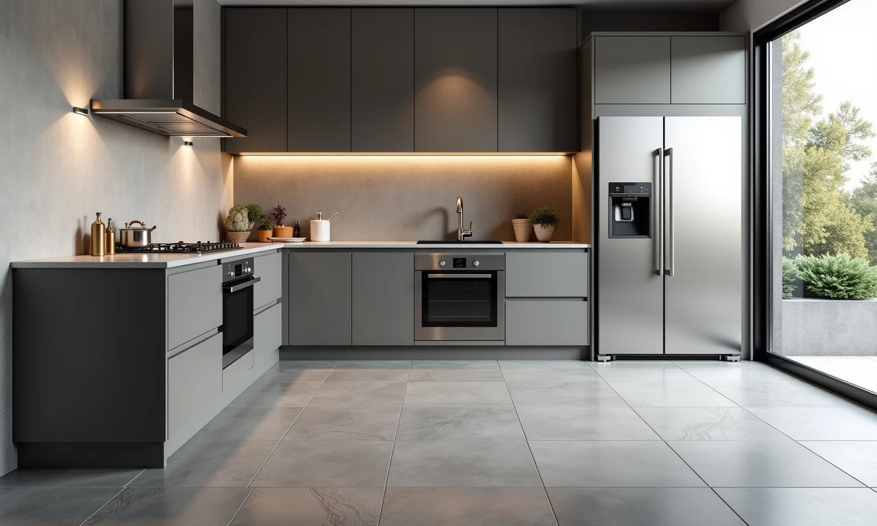 Cozinha moderna com porcelanato cinza, eletrodomésticos em inox e design clean.