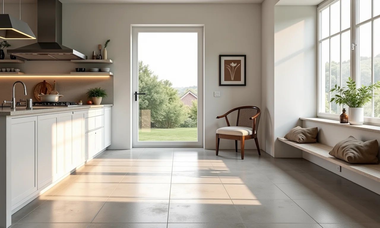 Cozinha moderna com porcelanato Pamesa e decoração estilo farmhouse.