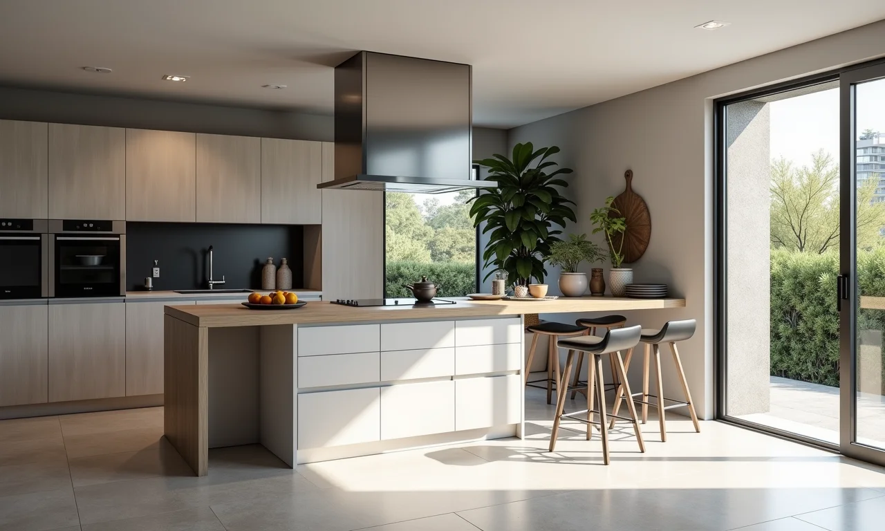 Cozinha moderna com porta de correr e design clean.