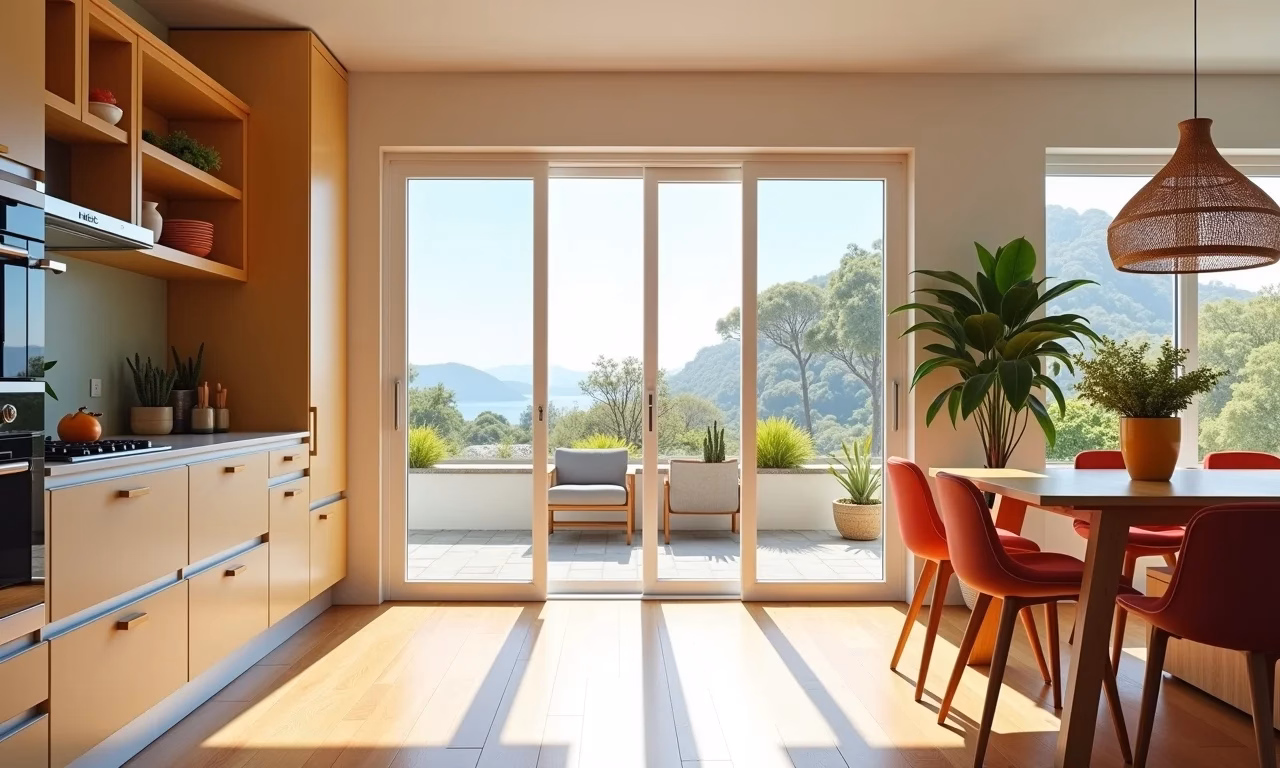 Cozinha pequena com porta de correr otimizando espaço e design vibrante.