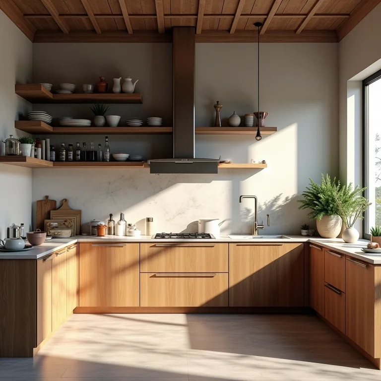 Cozinha planejada com pouco espaço de armazenamento vertical, mostrando desorganização