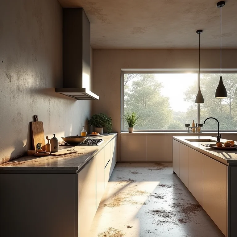 Cozinha planejada com superfícies difíceis de limpar, mostrando sujeira acumulada