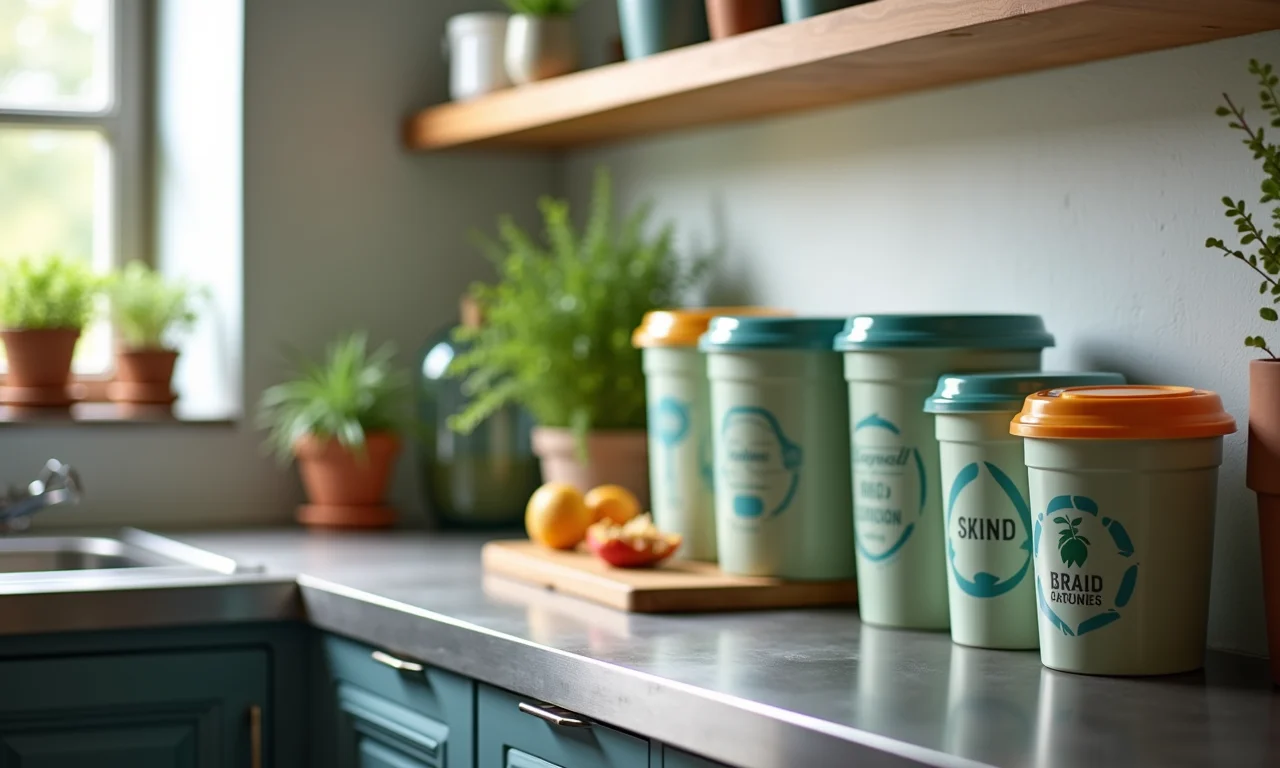 Cozinha sustentável com bancada de inox e itens de reciclagem.