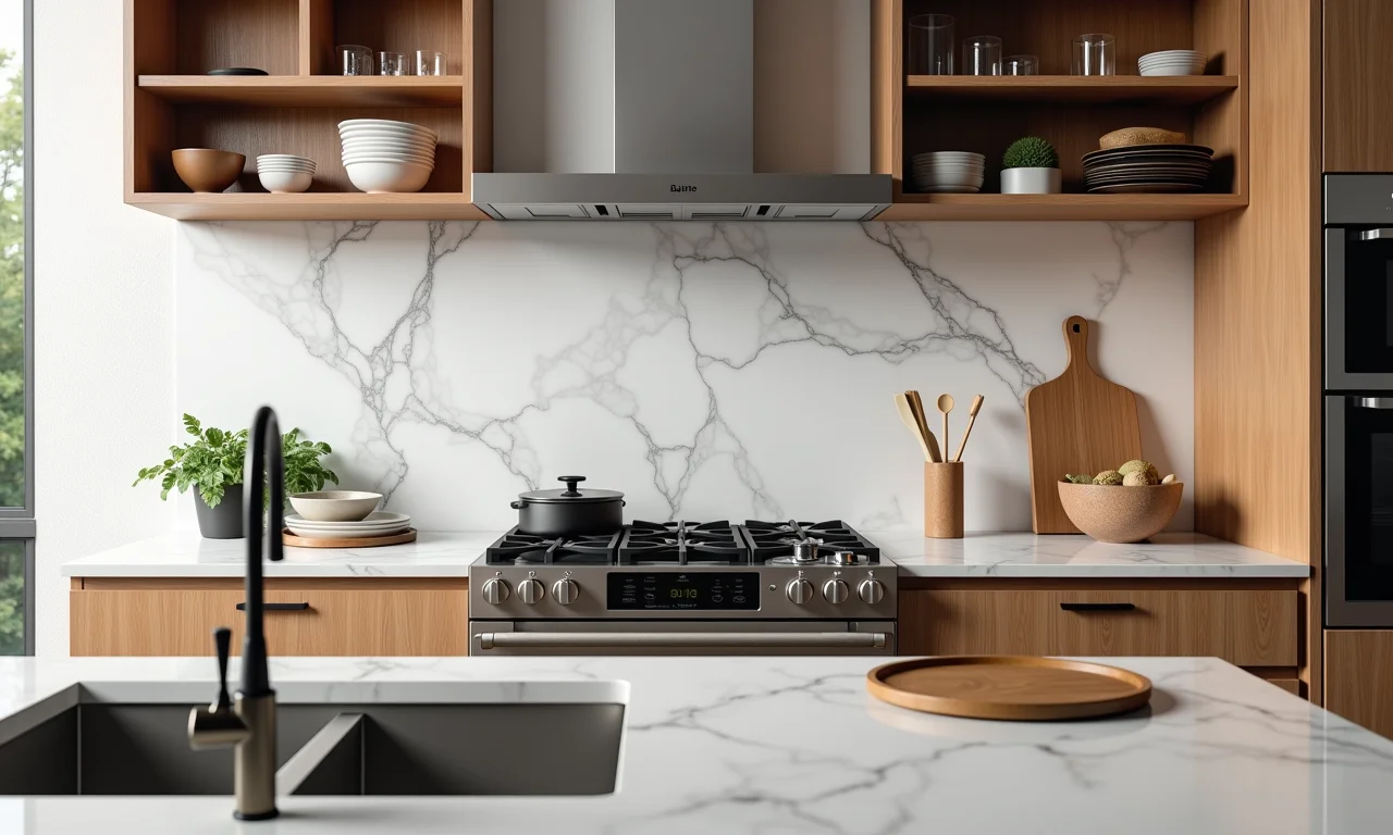 Cozinha versátil com revestimento marmorizado combinando com armários de madeira.