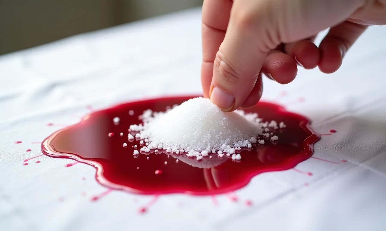 Cristais de sal absorvendo mancha de vinho em toalha branca.