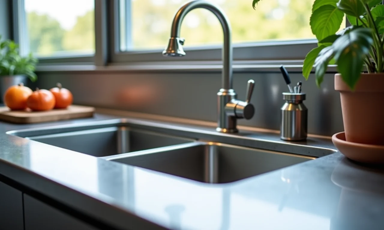 Cuba de inox integrada à bancada, com acessórios.