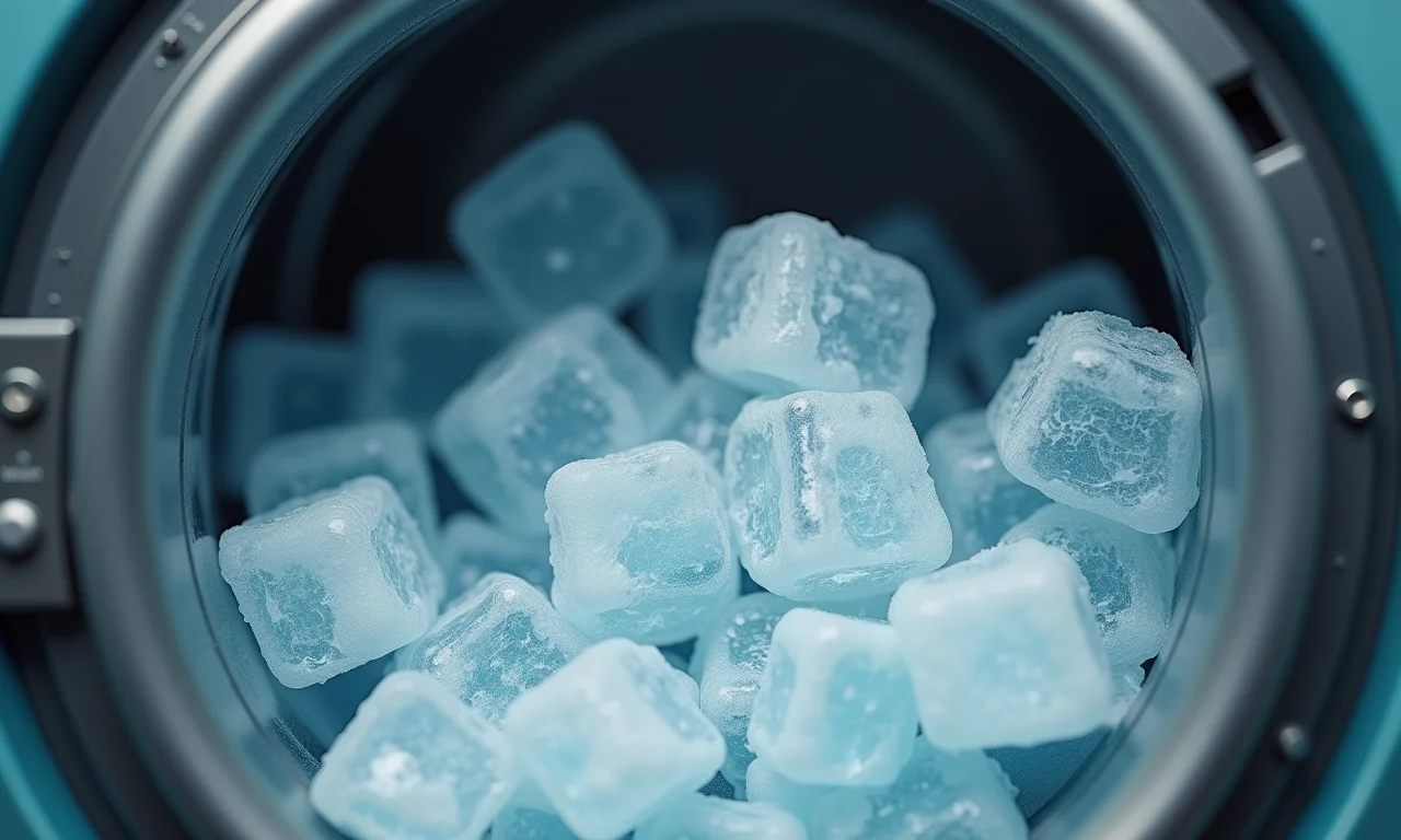 Cubos de gelo derretendo dentro da secadora com roupas.