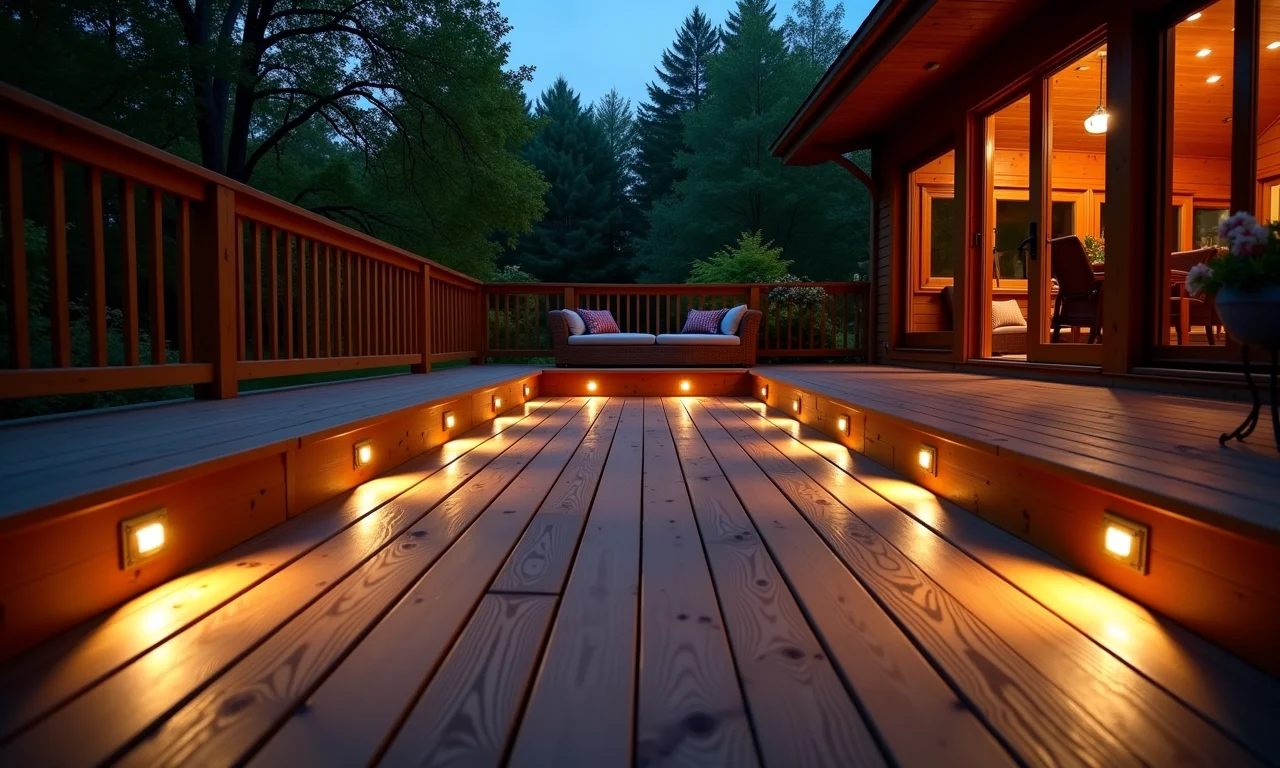 Deck com iluminação embutida, luzes ambiente.