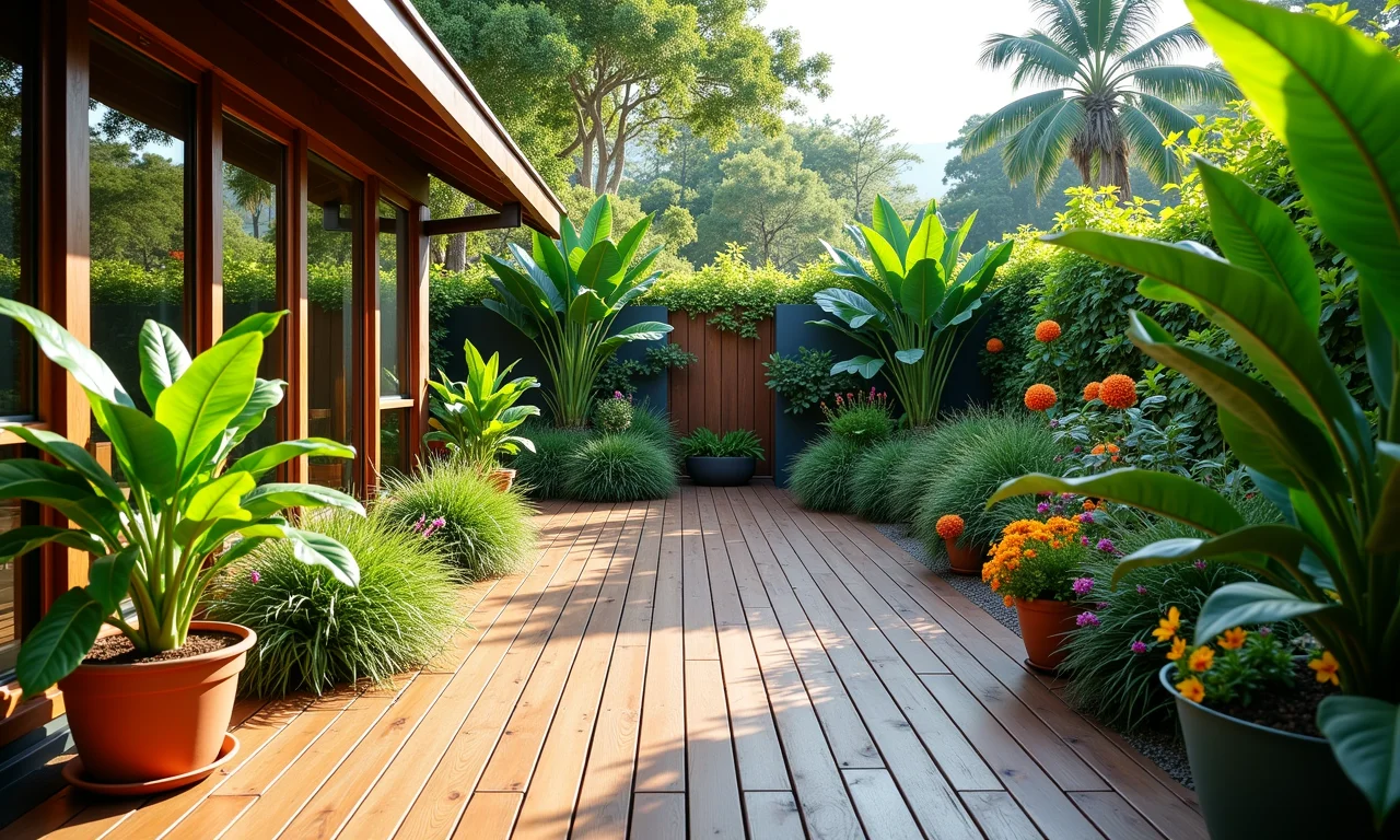 Deck com paisagismo criativo, plantas coloridas.