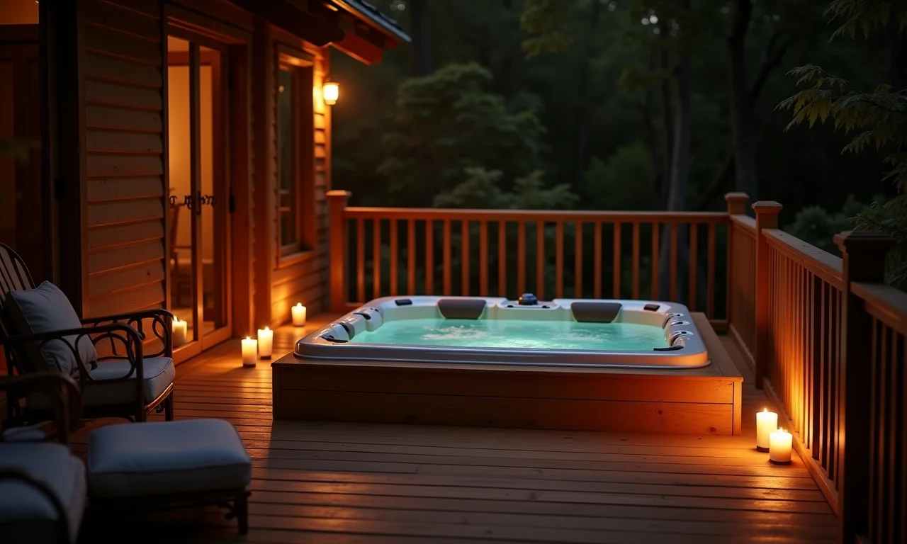 Deck com spa integrado, banheira de hidromassagem.