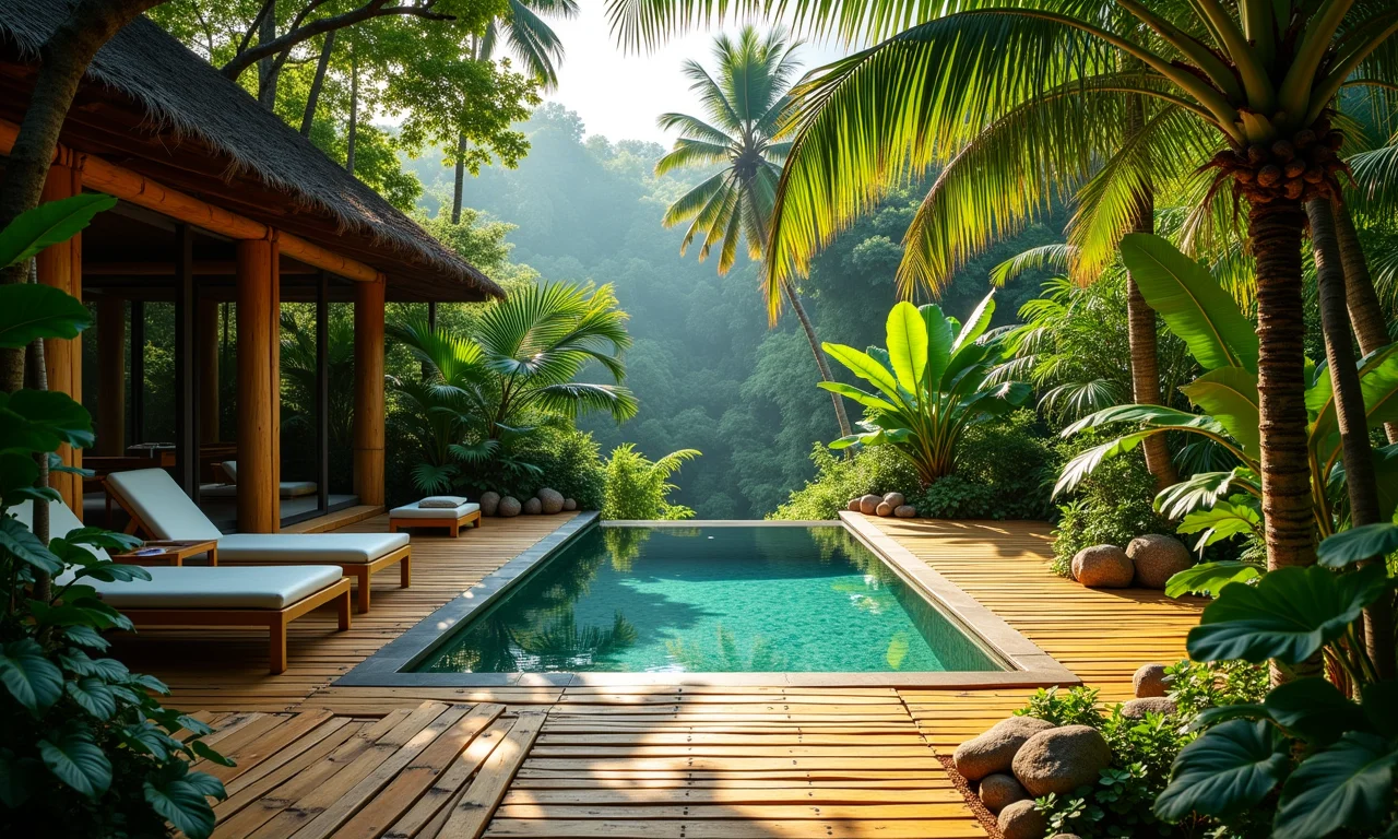 Deck de bambu com piscina natural, design ecológico.