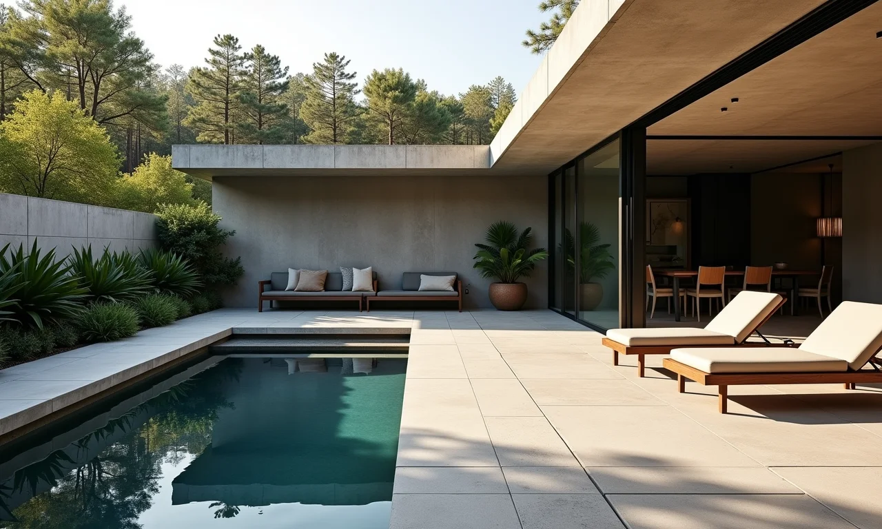 Deck de cimento queimado com piscina de alvenaria, design minimalista.