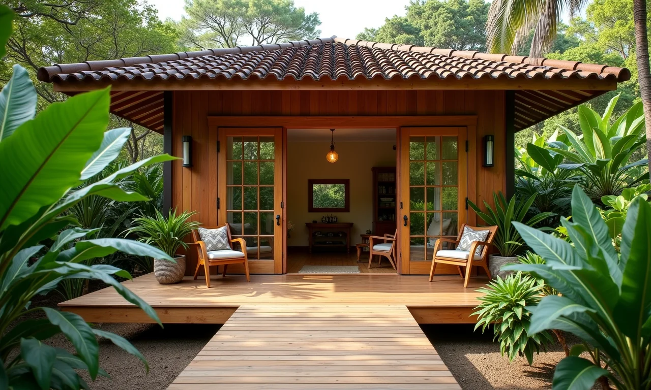 Deck de madeira em frente à casa térrea.