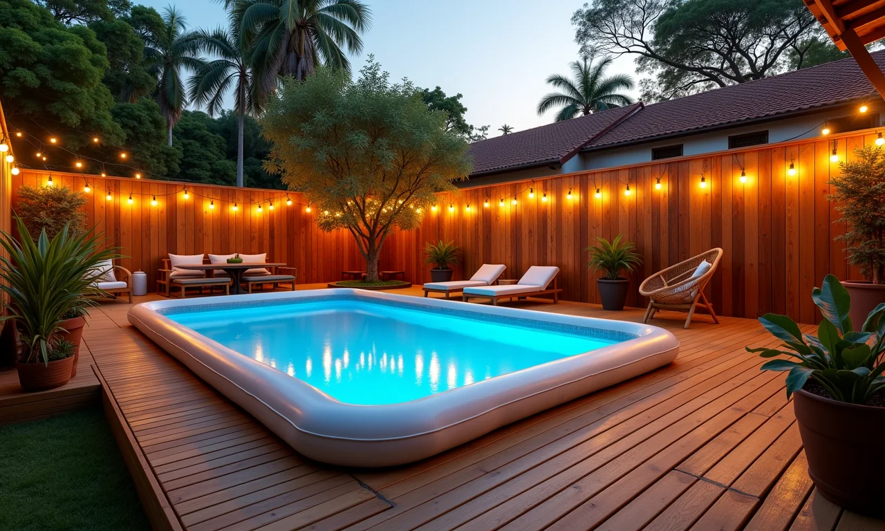 Deck de madeira modular com piscina inflável, projeto DIY.