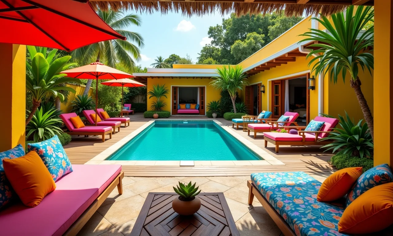 Deck e piscina com cores vibrantes, estilo brasileiro.