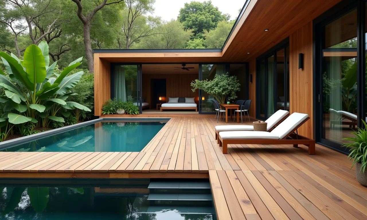 Deck elevado com piscina integrada, acabamento em madeira e design moderno.