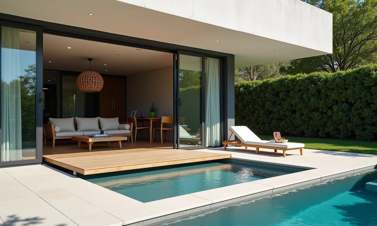 Deck retrátil com piscina removível, design que economiza espaço.