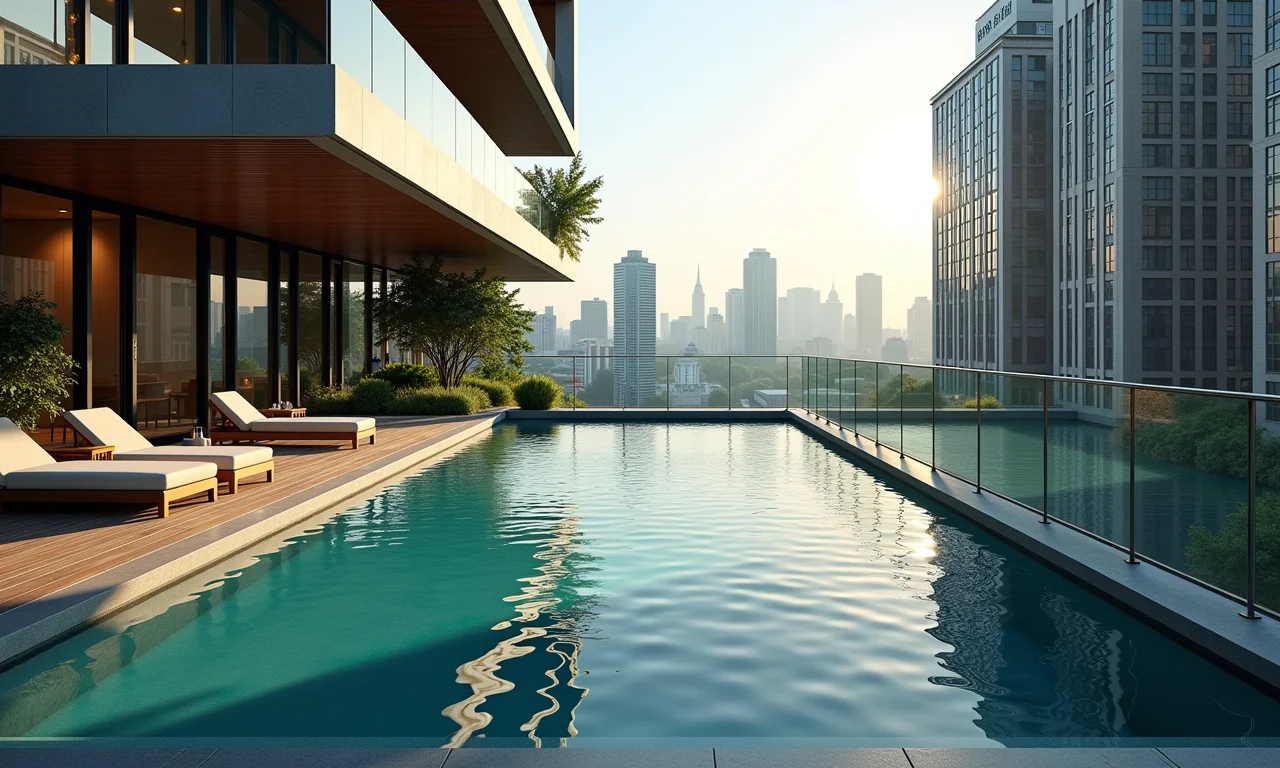 Deck vertical com piscina suspensa, ambiente urbano.