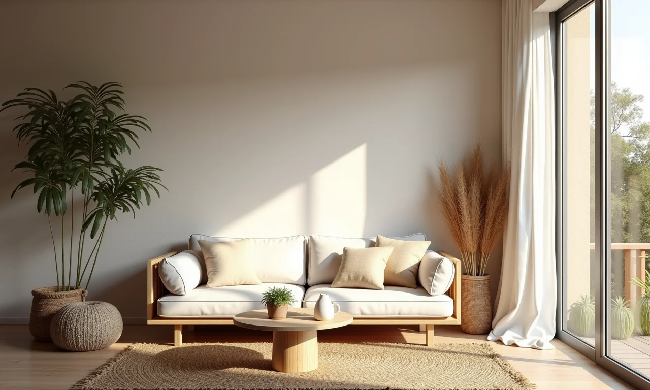 Decoração boho com materiais naturais como madeira, rattan e linho
