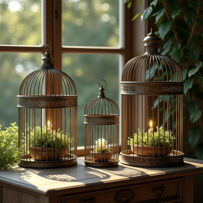 Decoração com gaiolas e objetos vintage