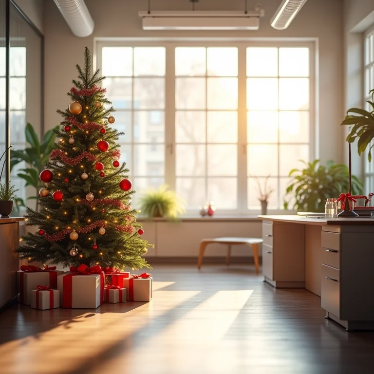 Decoração de Natal posicionada estrategicamente em escritório