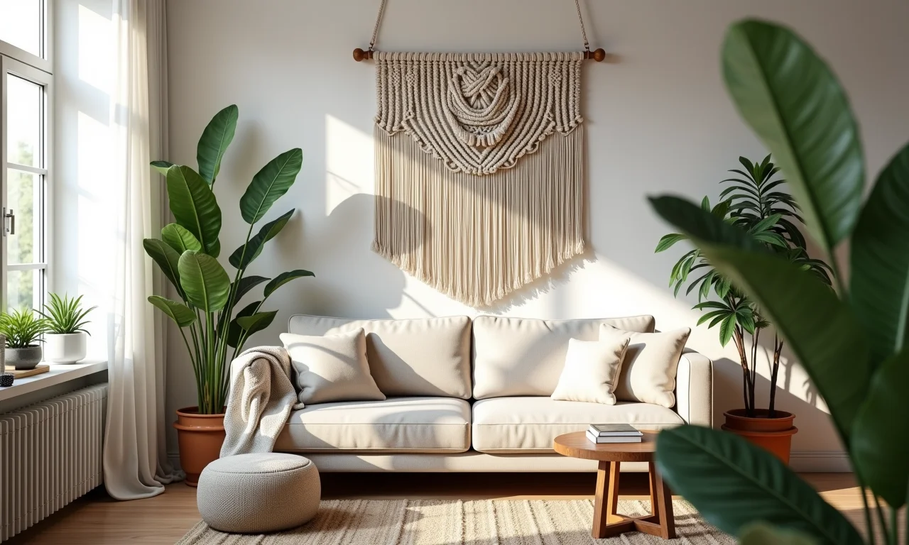 Decoração de parede com macramê, estilo boêmio e aconchegante.