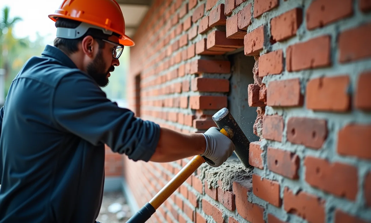 Demolição de parede de tijolos com uma marreta, mostrando poeira e detritos.